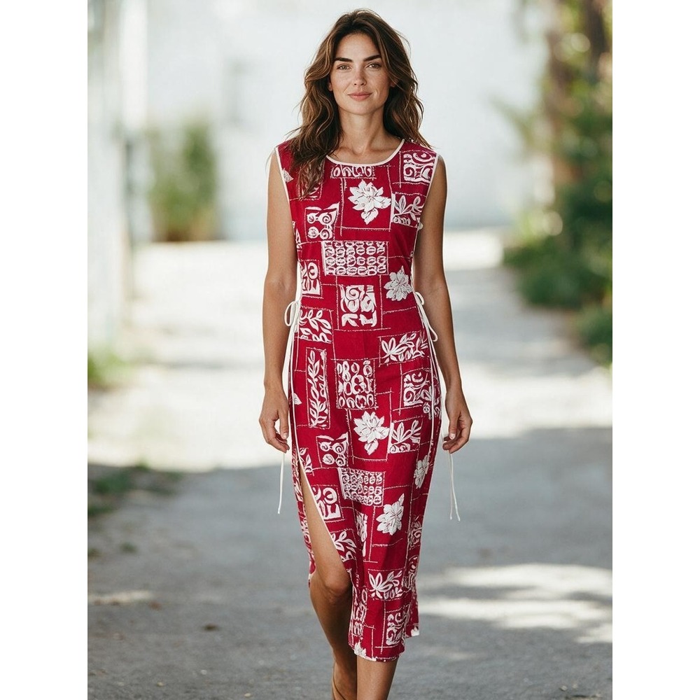 VTG K.d. Spring Red Tropical Floral Maxi Dress XL Sleeveless Side Tie Slits 367D